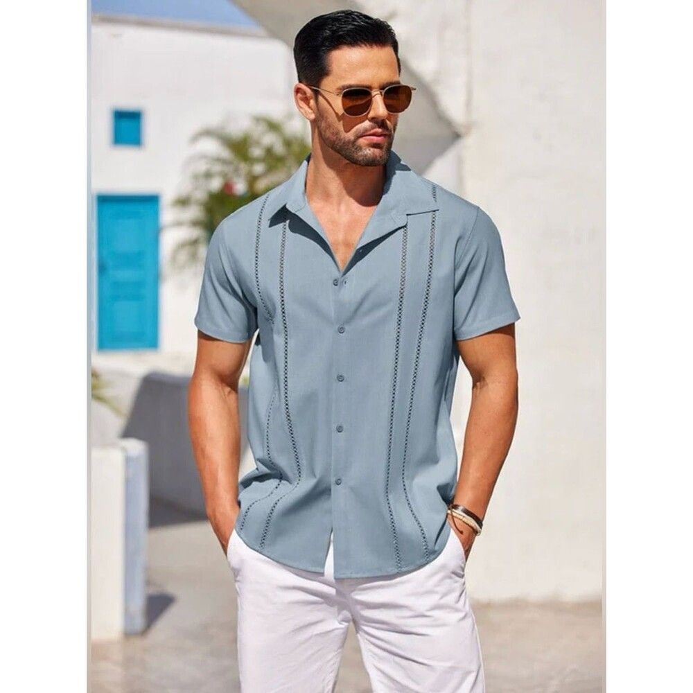Coofandy Men’s 3XL Clear Blue Casual Button Down Cuban Guayabera Shirt XXXL